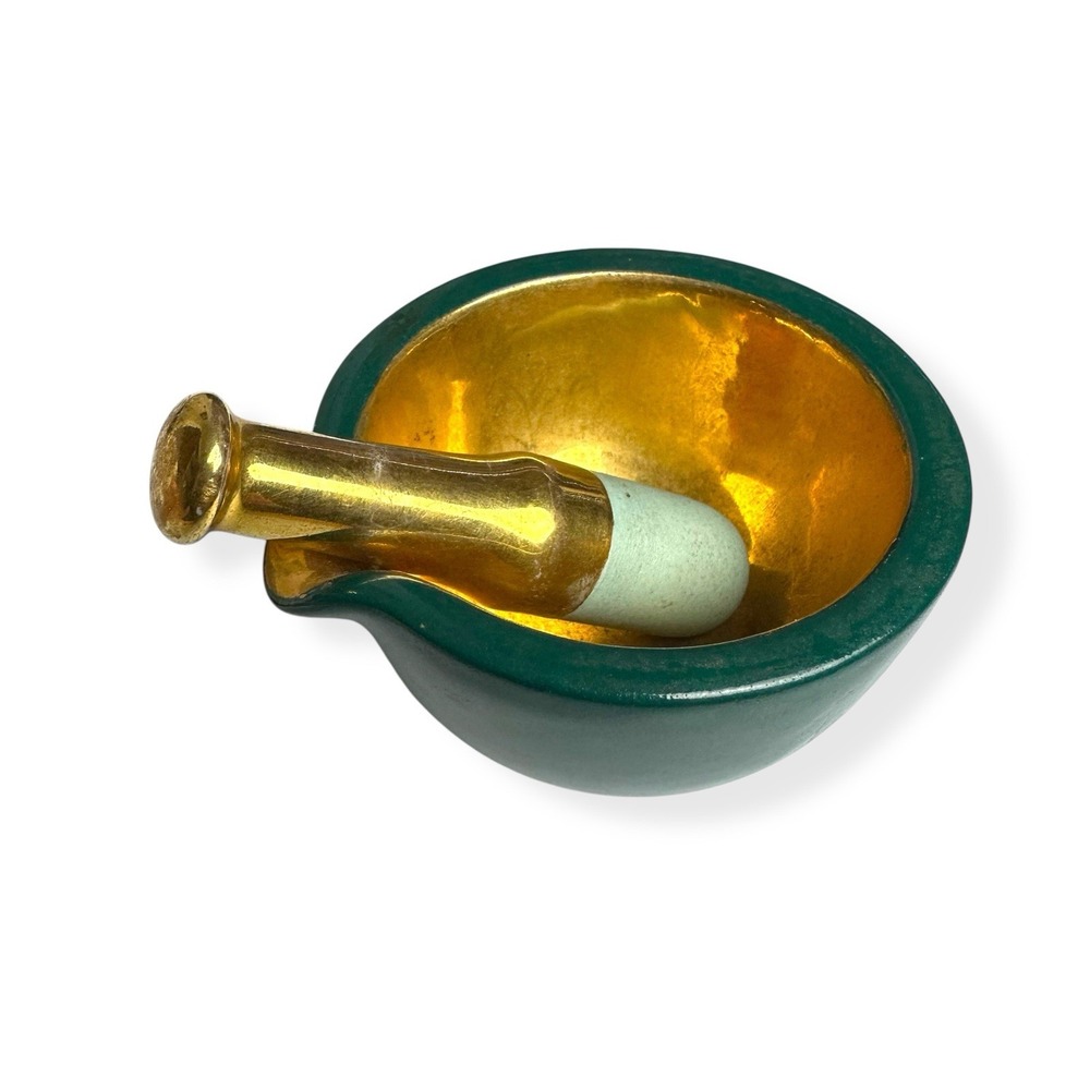 Vintage Ceramic Mortar & Pestles Green Gold 3.5" Small Bowl Dish RX Herb Grinder - Picture 7 of 14